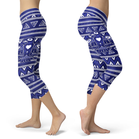 White and Blue Native Bird Pattern Capris