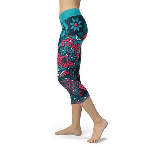 Blue and Red Sugar Skull Capris