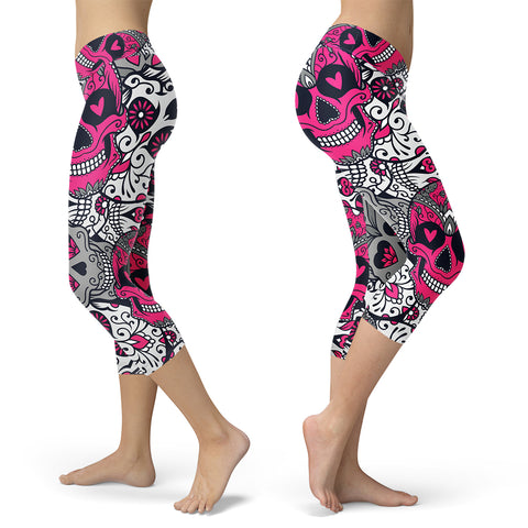 Pink and White Sugar Skull Capris