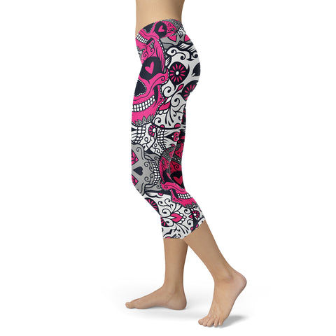 Pink and White Sugar Skull Capris