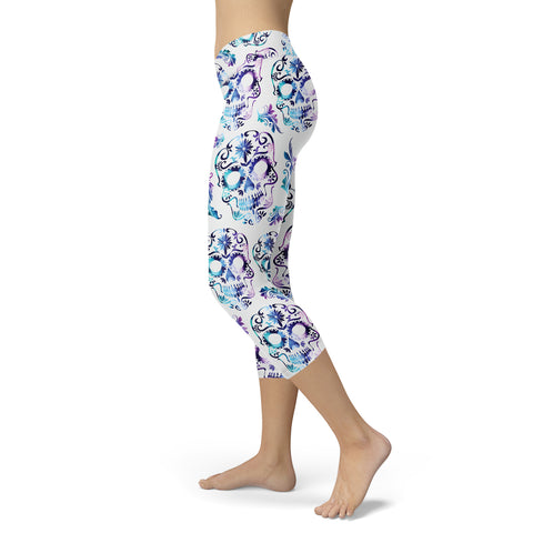 White and Purple Sugar Skull Capris