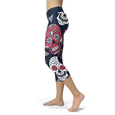 Red and Navy Sugar Skull Capris