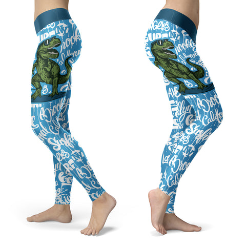 T-Rex Surfing With Surf Text Leggings